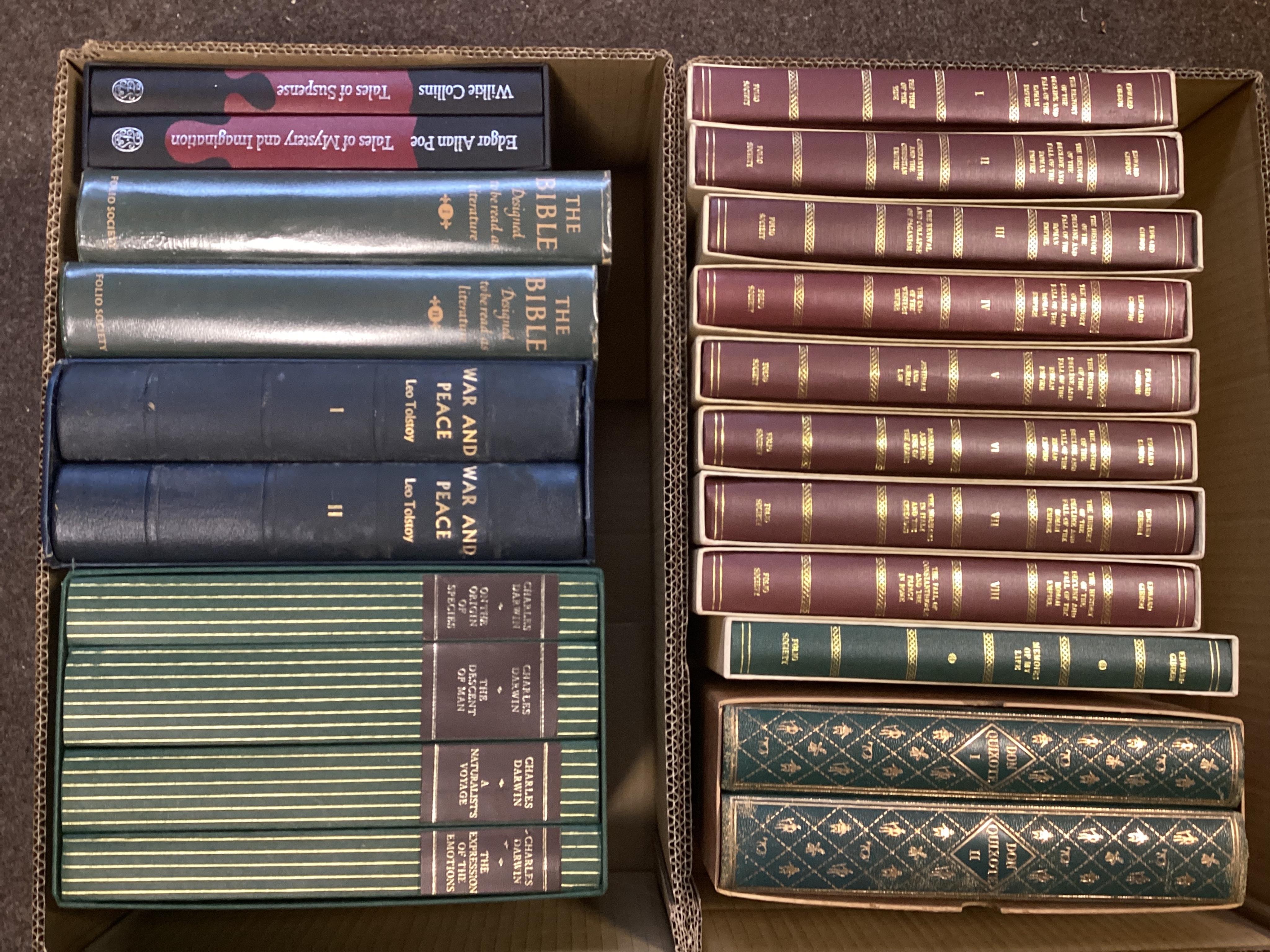 Folio Society: War and Peace, 2 vols, E. Gibbons - Memoirs, E. Gibbons - Rise / Fall Roman; Wilkie Collins - Tales Mystery / Suspense (2), Empire (8), Bible - to be read at literature (2), Miguel de Cervantes - Don Quixo